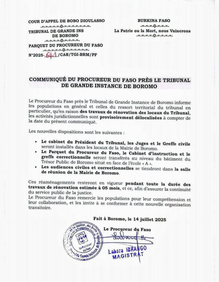 De localisation provisoire des activités juridictionnelles du Tribunal de Grande Instance de Boromo